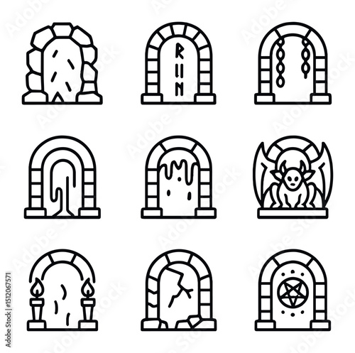 Underworld Archway Icons. Outline icon set of underworld archways: obsidian arch, cursed runes, tethered chains, bloodstained