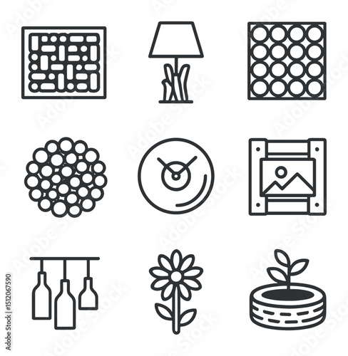Upcycled Décor Icons. Outline icon set of upcycled home décor: wine cork wall art, driftwood lamp, bottle cap mosaic, record clock