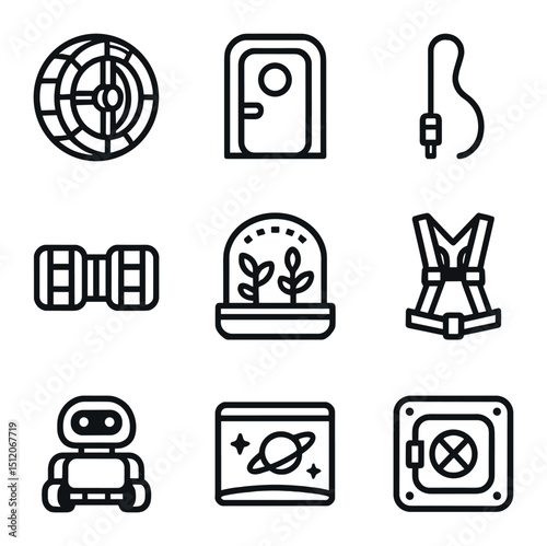 Utopian Habitat Icons. Outline icon set of zero-gravity utopian habitat: rotating habitat ring, airlock door, tether line, module