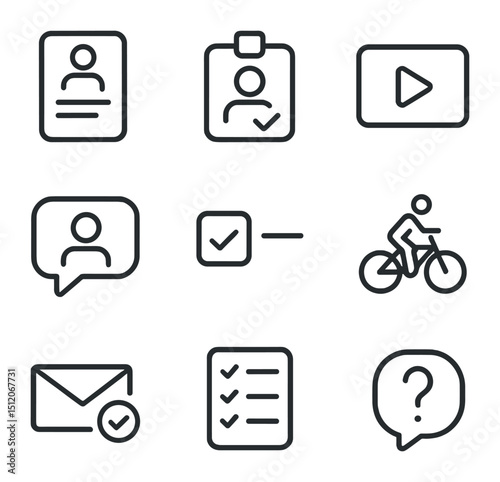 User Onboarding Icons. Outline icon set of user onboarding process: registration form, ID verification badge, tutorial video play,