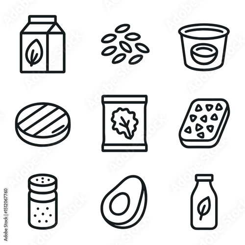 Vegan Lifestyle Icons. Outline icon set of vegan lifestyle choices: almond milk carton, flax seeds, coconut yogurt cup, veggie