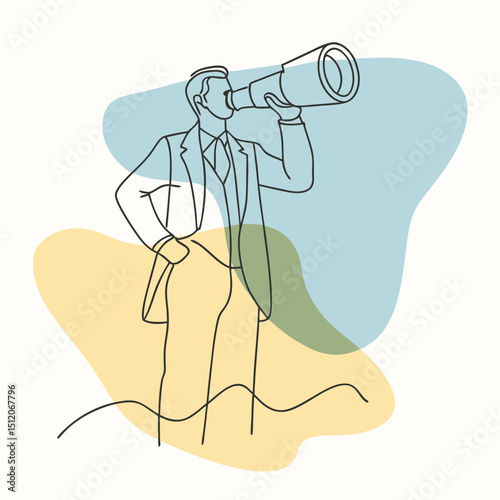 Minimalist Art Businessman in Suit Using Telescope, Looking Forward to Future Trends
