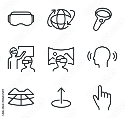 Virtual Reality Education Icons. Outline icon set of virtual reality education: VR headset, 3D globe, motion controller, virtual