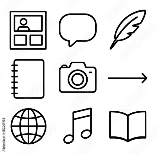 Visual Storytelling Icons. Outline icon set of visual storytelling sessions: storyboard frames, speech bubble, quill pen, notebook