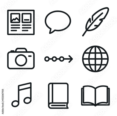 Visual Storytelling Icons. Outline icon set of visual storytelling sessions: storyboard frames, speech bubble, quill pen, notebook