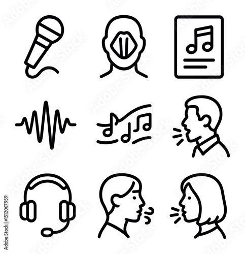 Vocal Training Icons. Outline icon set of vocal training: microphone, vocal cords diagram, sheet music, pitch pipe, sound wave,