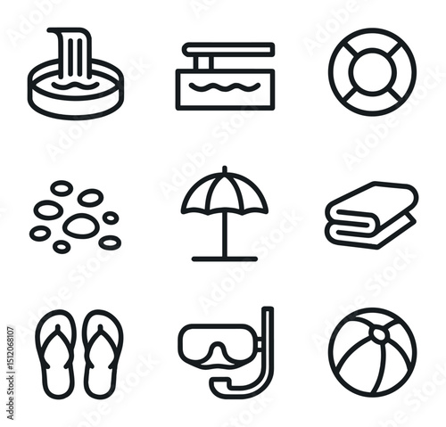 Waterfall Plunge Pool Icons. Outline icon set of waterfall plunge pool: plunge pool, diving board, swim ring, pebbled shore, sun