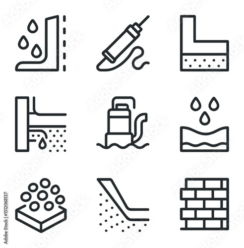 Waterproofing Icon Set. Outline icon set of waterproofing layers: waterproof membrane, sealant, foundation, drainage pipe, sump