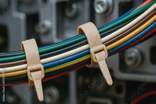 Sustainable engineering work involves organizing electrical wires with eco friendly cable ties to ensure efficient and safe connections photo