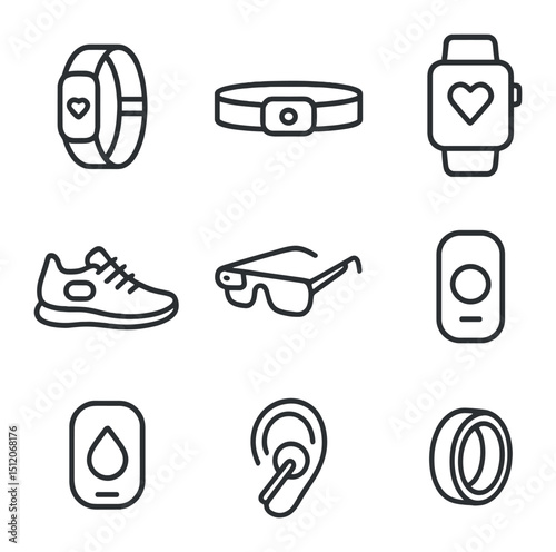Wearable Fitness Icons. Outline icon set of wearable fitness devices: smart wristband, chest strap, fitness watch, smart shoes, AR