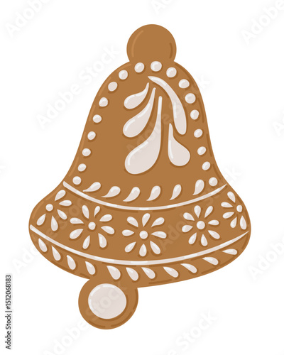 Bell-shaped gingerbread cookie with white icing floral decoration in festive style. Christmas dessert and holiday celebration concept in traditional hand drawn design
