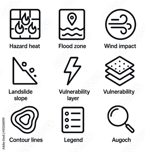 Weather Risk Icons. Outline icon set of weather-based risk mapping: hazard heatmap, flood zone, wind impact area, landslide slope,
