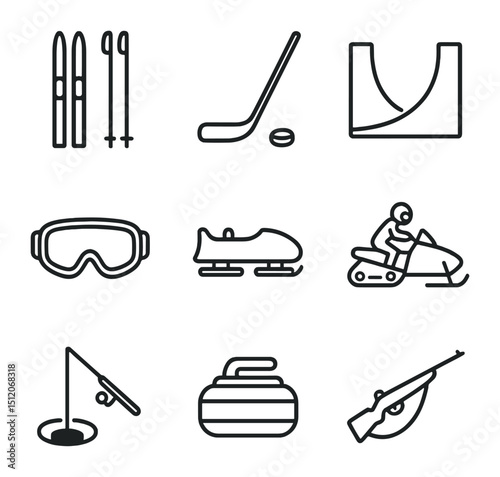 Winter Sports Icons. Outline icon set of winter sports in the north: cross-country skis, ice hockey stick, snowboarding halfpipe,