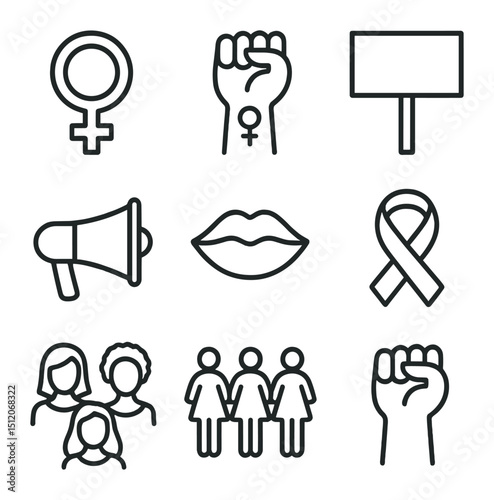 Women's Empowerment Icons. Outline icon set of women’s empowerment march: female symbol, raised fist with female sign, protest
