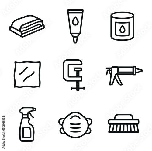 Wood Preparation Icons. Outline icon set of wood preparation steps: sanding block, wood filler tube, primer can, tack cloth, clamp