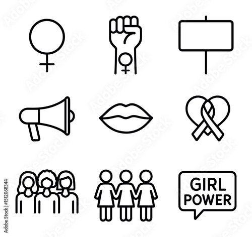 Women's Empowerment Icons. Outline icon set of women’s empowerment march: female symbol, raised fist with female sign, protest
