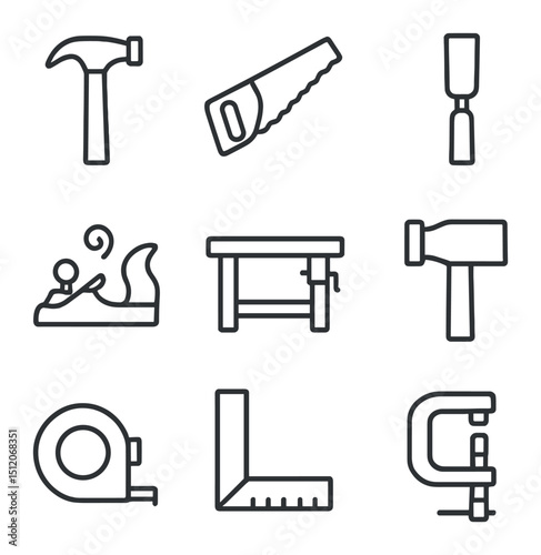 Woodworking Tools Icons. Outline icon set of woodworking workshop: hammer, hand saw, chisel, wood plane, mallet, workbench,