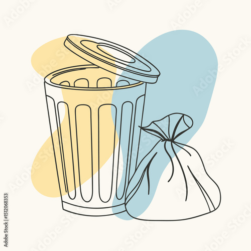 Minimalist Illustration of Open Trash Can with Lid and Trash Bag Beside