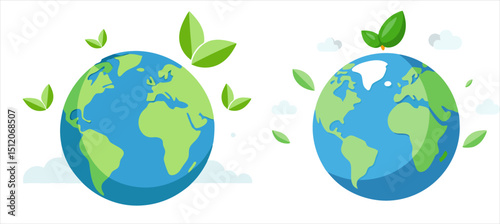 Eco-friendly Earth illustration showing green planet with leaves symbolizing nature, sustainability, and environmental protection