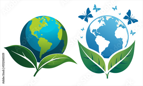 Earth with green leaves and butterflies, symbolizing nature conservation, environmental care, and ecological harmony worldwide