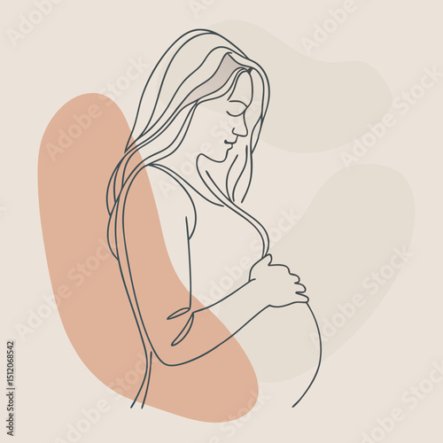 Minimalist Line Art Depicting a Pregnant Woman with Neutral Shapes on Light Beige Background