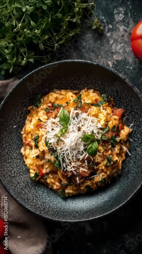 Delicious tomato risotto with fresh basil leaves and grated cheese served in a dark bowl on a table, top view.