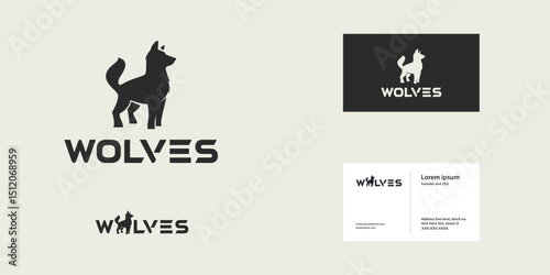 Wild grey beast wolf with modern and simple style animal logo design. Business card stationery design template.