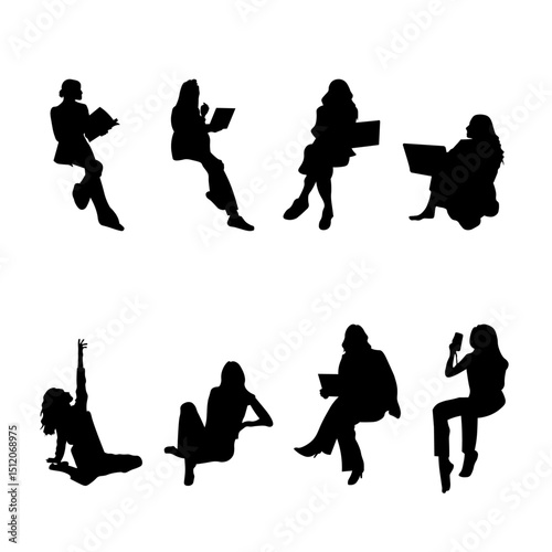 Black vector silhouettes of diverse individuals sitting and using digital devices. Ideal for concepts like online work, virtual meetings, distance education, tech lifestyle, and mobile productivity.