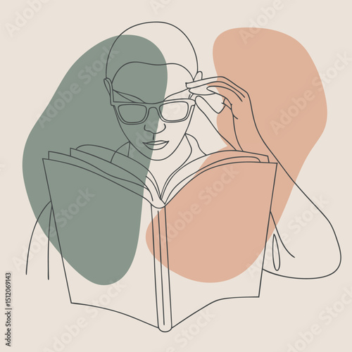 Minimalist Line Art Person Reading Book With Glasses, Abstract Shape Background