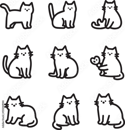 Cute Cat Silhouettes in Playful and Sitting Poses – Black and White Vector Set