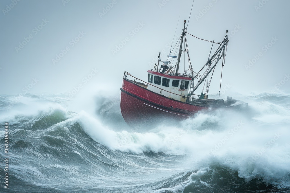 Naklejka premium Fishing boat battling large waves in winter storm