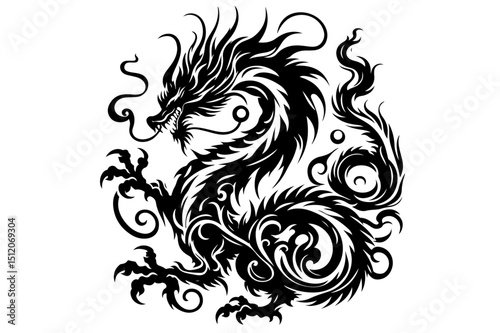 "Tribal Asian Dragon Tattoo Vector – Fierce Mythical Serpent Design"

