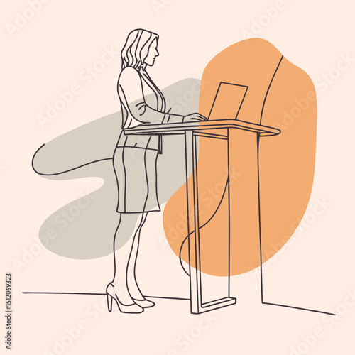 Minimalist Line Art Woman Working at Adjustable Standing Desk with Laptop