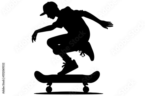 "Skateboarder Silhouette – Cool Teen Performing Ollie Trick Vector Art"

