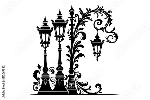 "Vintage Street Lamp Vector – Ornamental Lantern Post Silhouette Design"

