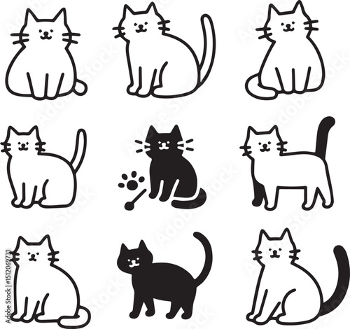 Cute Cat Silhouettes in Playful and Sitting Poses – Black and White Vector Set