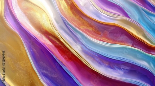 Abstract flowing design with waves in metallic gold, purple, red, pink, and blue tones