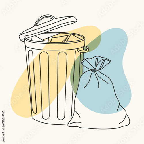 Simple Line Art Open Trash Can with Waste and Full Bag Near Colored Accents