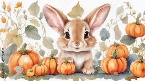 Cartoon drawing of a little rabbit in a pumpkin garden