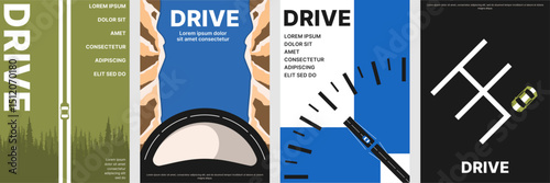 Minimalist driving posters set with steering wheel, dashboard, speedometer, and road elements.