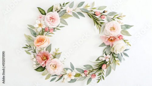 Fototapeta Naklejka Na Ścianę i Meble -  Delicate floral wreath of pastel roses and greenery on white background.