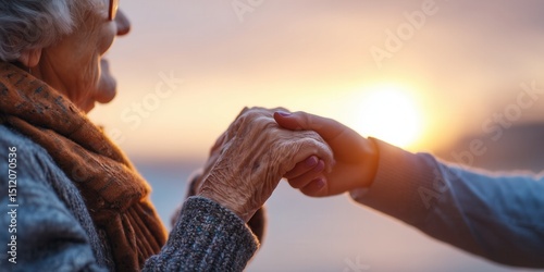 Young woman holding senior woman's hand at sunset, showing compassion and care.