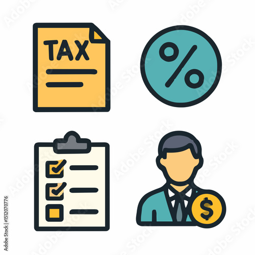 Tax and Finance Symbols: Paperwork, Percentage, Checklist, and Businessman with Coin Icon