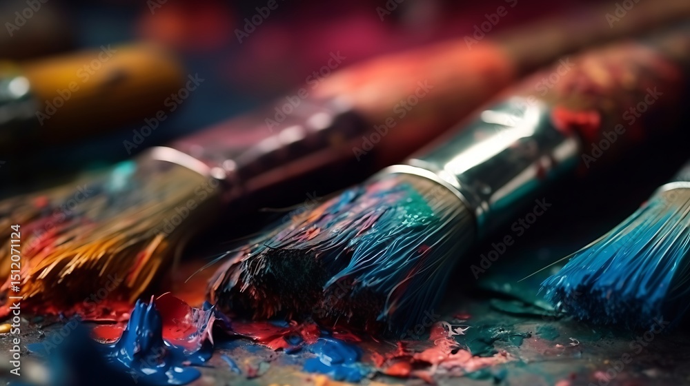 Fototapeta premium Vibrant Hues and Artistic Strokes A Close-Up of Paintbrushes