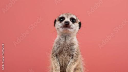 Close up of meerkat standing alert on hind legs on a pastel red studio background. Adorable animal looking around with mouth open. Meerkat portrait with copy space. World Meerkat Day, July 3