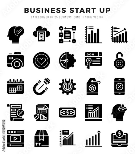 Set of Business Start Up icons in Glyph style. Glyph Icons symbol collection.