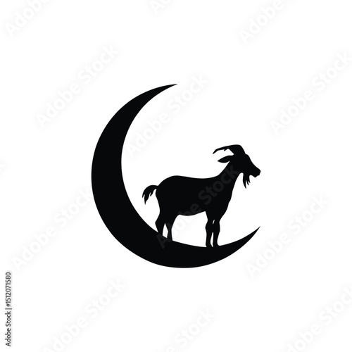 Eid al Adha crescent moon and goat silhouette symbol for islamic sacrifice celebration. Eid Mubarak.