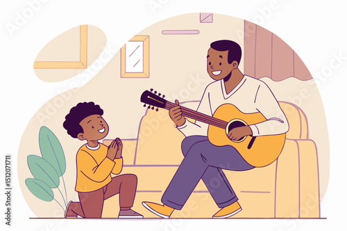 Father Playing Guitar with Child Clapping – Musical Bonding Vector Illustration

