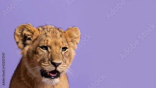 Close up lion cub headshot on a purple studio background with copy space for text. Adorable lion kitten animal portrait. World Lion Day, August 10