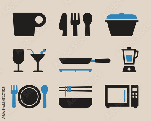 Cooking icon set. Cooking and kitchen icon. spoon, knife, plate, cloche, tray, food, dining table, Cutlery or tableware in restaurant, kitchen. Vector illustration.